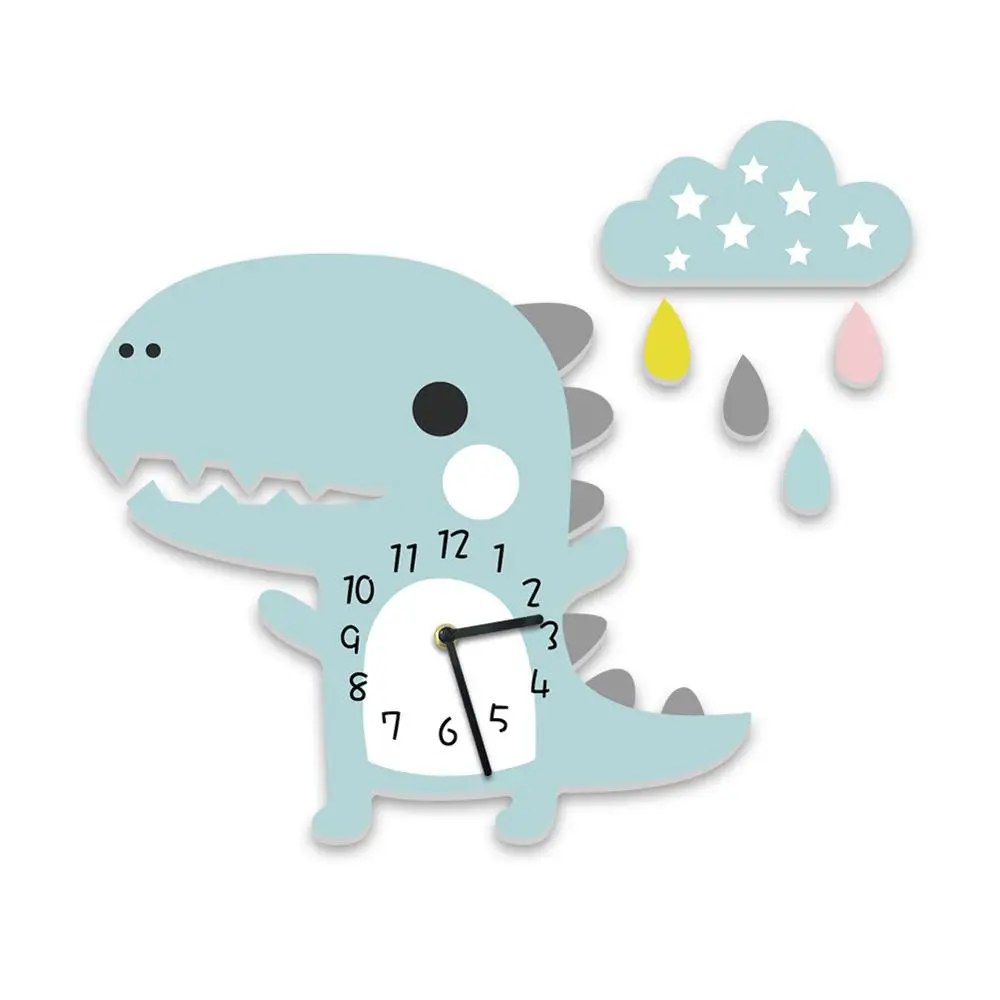 Cartoon Dinosaur Kids Wall Clock for Children Room Cloud Rain Mute DIY Self Adhesive Sticker Clocks Hanging Watch Kindergarten