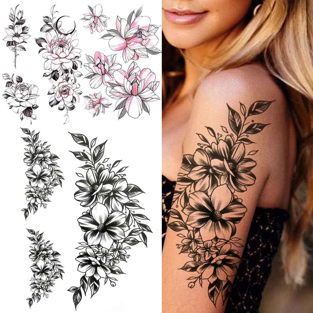 DIY Lily Flower Temporary Tattoos For Women Adults Fake Lotus Orchid Dahlia Peony Tattoo Sticker Black Waterproof 3D Tatoos Arm