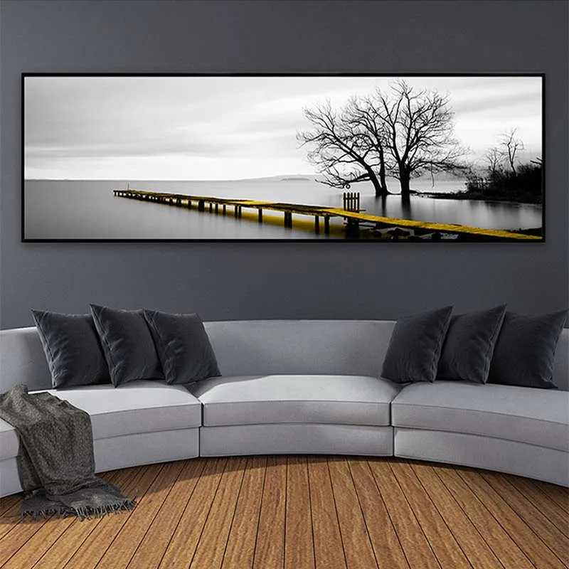 

Landscape Calm Lake Golden Long Bridge Tree Scene Canvas Painting for Modern Wall Art Living Room Bedroom Home Decor No Frame