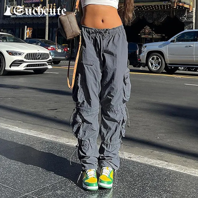 

SUCHCUTE Fashion Lace Up Cargo Pants Women's Streetwear Drawstring Casual Pocket Girl Straight Trousers Harajuku Autumn Outfits