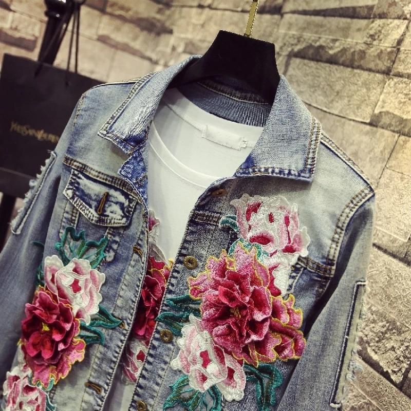 Spring Summer Embroidery Denim Vest Women Fashions Hole Ripped Flower Customize Streetwear Long Sleeve Jean Jacket