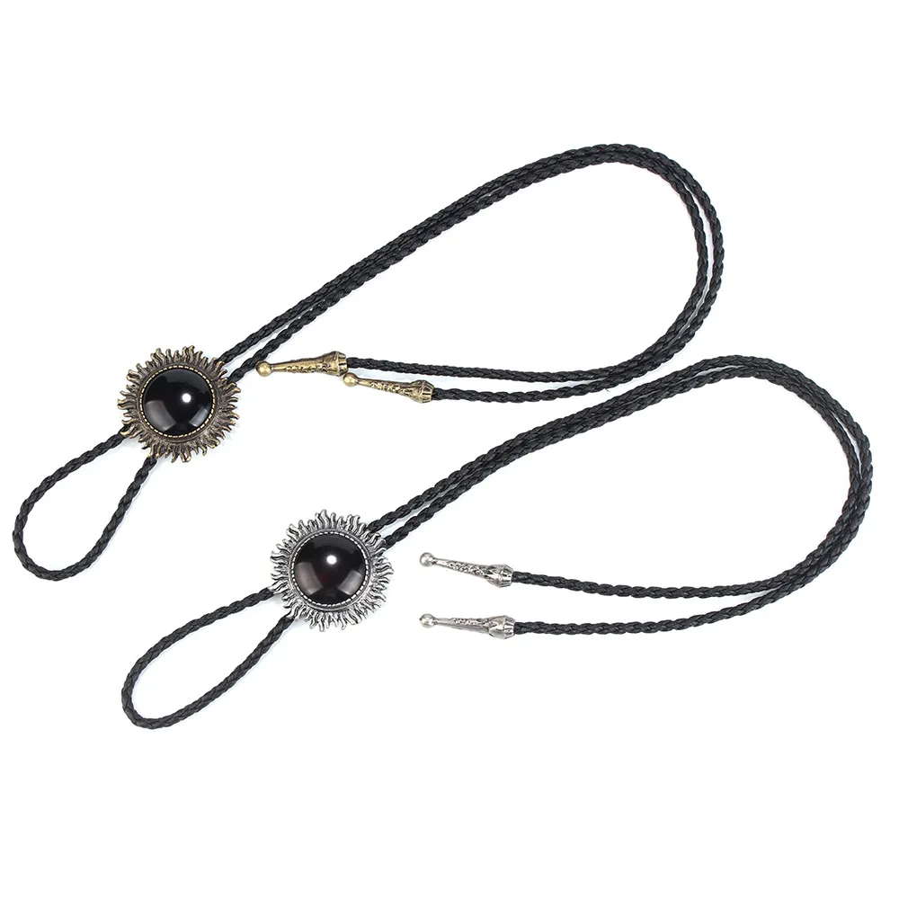 Bolo tie  Retro shirt chain Imitation of obsidian round Poirot tie rope leather necklace Long tie hang