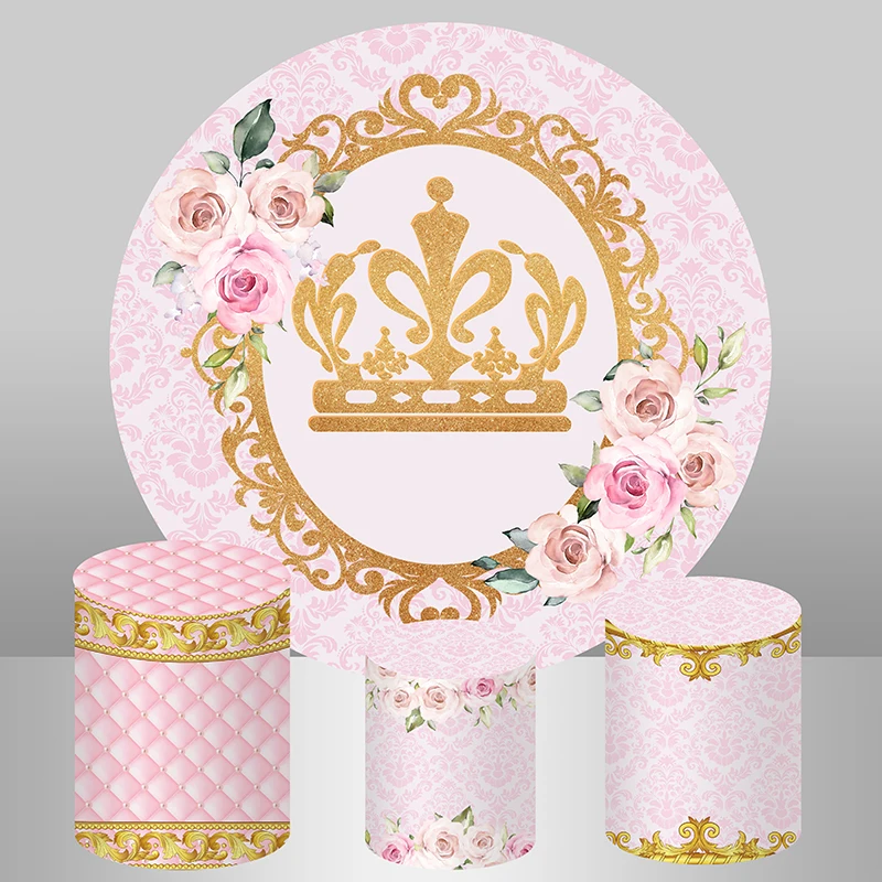 Princess Round Backdrop Gold Crown Pink Flower Birthday Party Girls Circle Background Photo Studio Headboard Plinth Covers