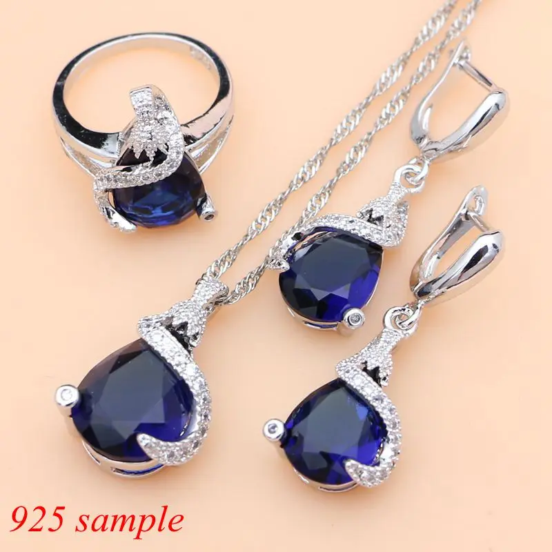 Silver 925 Jewelry Sets Blue Sapphire Natural Zircon Costume Jewelry Kits Indian Jewelry for Women Necklace Set