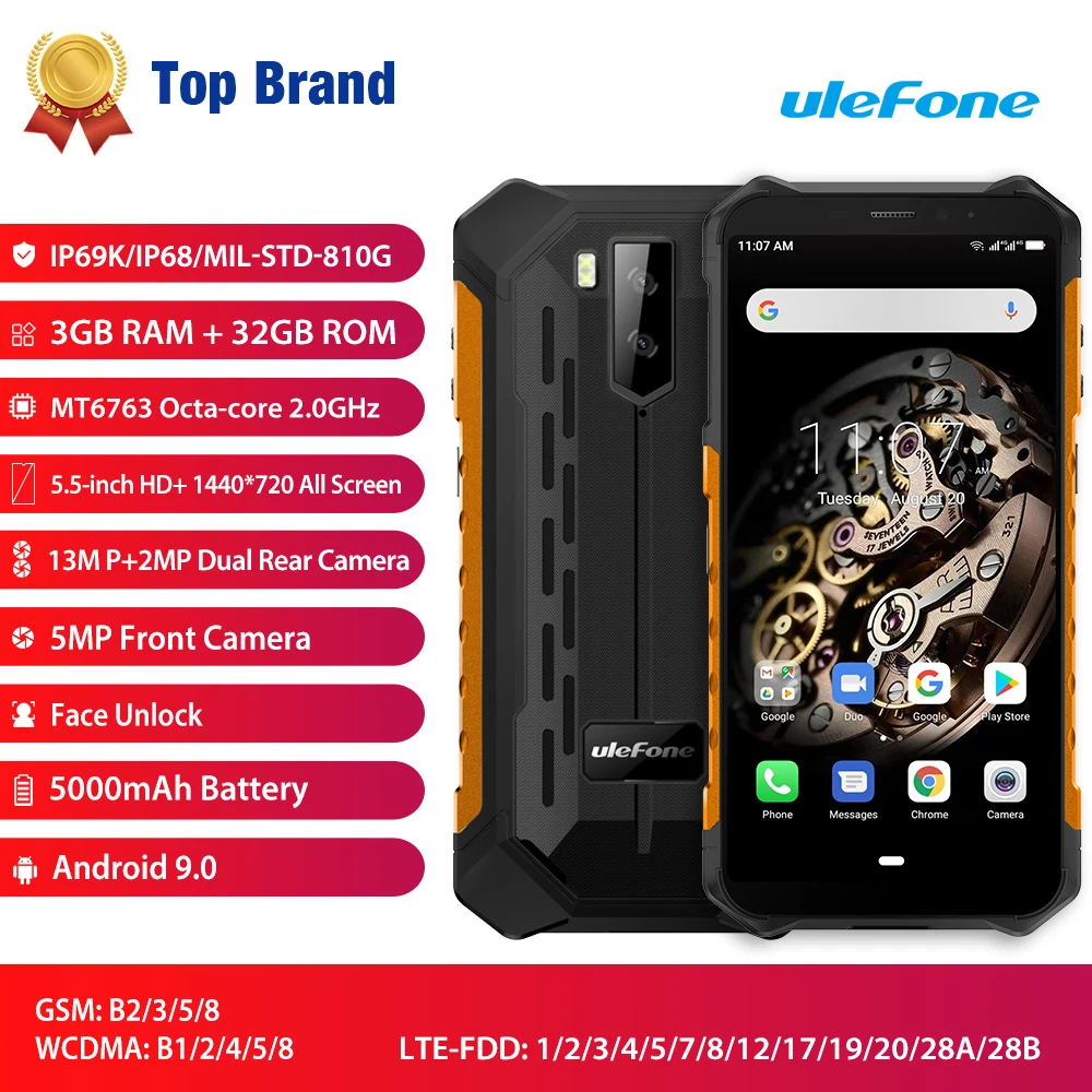 Ulefone Rüstung X5 MT6763 Octa core ip68 Robuste Wasserdichte Smartphone Android 9,0 Handy 3GB 32GB NFC 4G LTE Handy