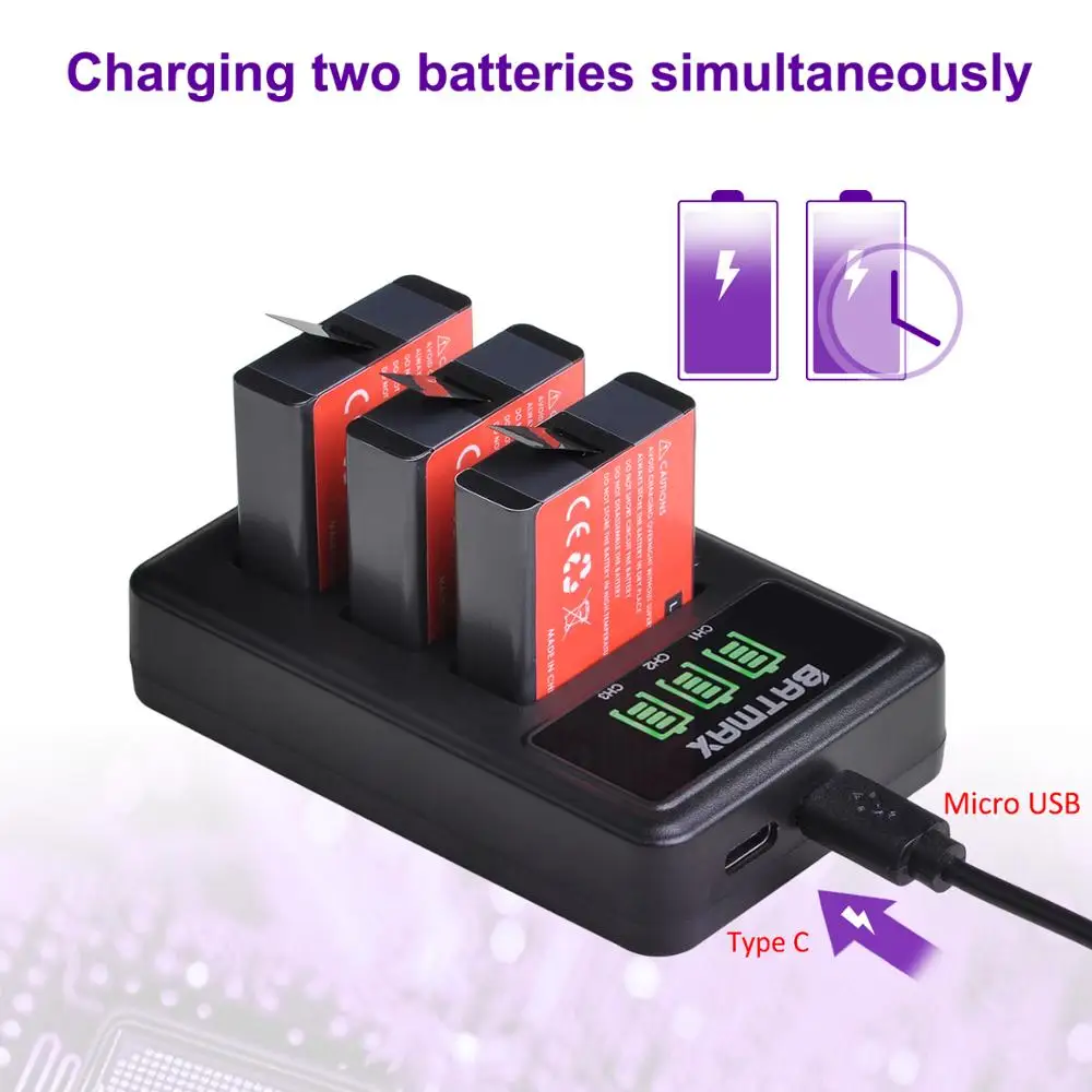 For Gopro hero 8 Bateria hero 7 battery+LED 3 Slots USB Charger with Type C port for Gopro hero 8 Gopro 6 7 Action Camera