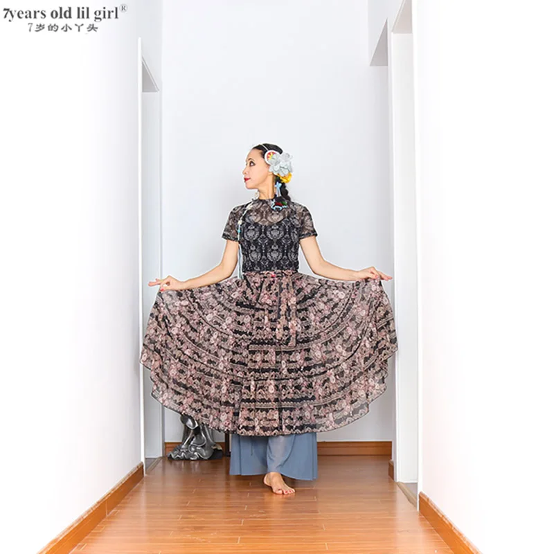 Gonna tribale di danza del ventre 16 metri Full Circle maglia stampata larga abito Flamenco spagnolo Gypsy Fusion Dancel Ats