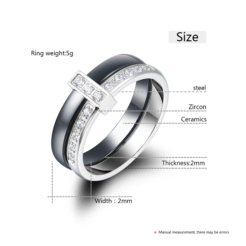 Fashion 2 Layers Black White Ceramic Crystal Wedding Rings For Women Wedding Jewelry Stainless Steel Rhinestone Engagement Gifts