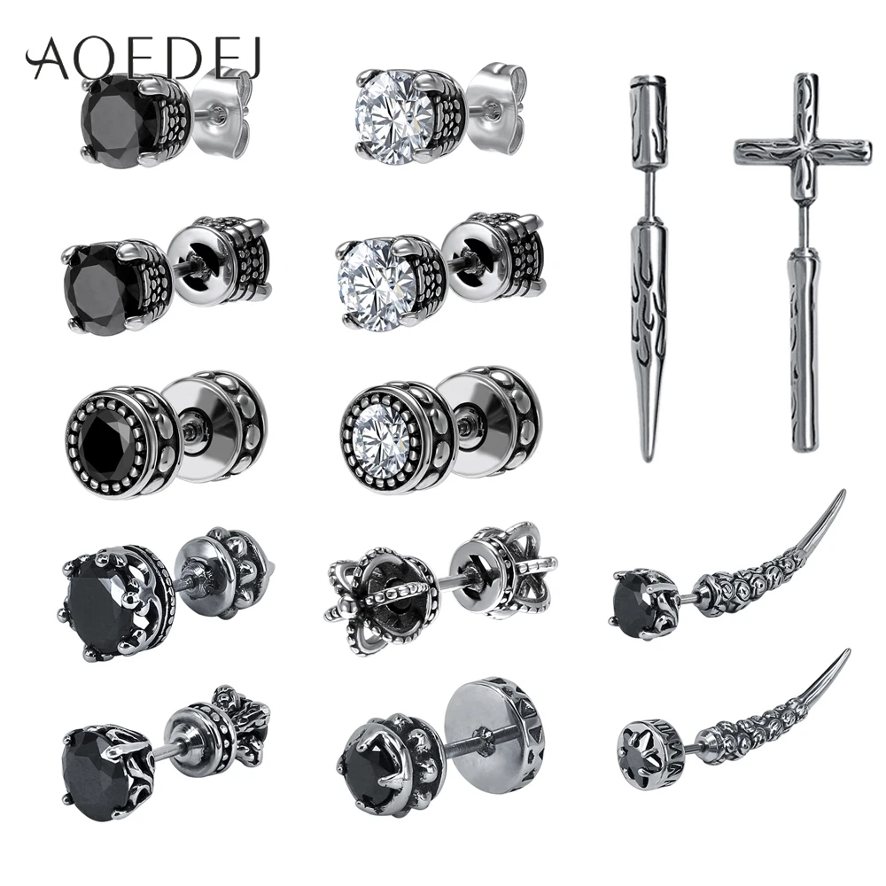 

AOEDEJ Stainless Steel Skull Stud Earrings For Men Crown Cross Punk Earrings Men's Jewelry Gothic CZ Stone Men Earrings Studs