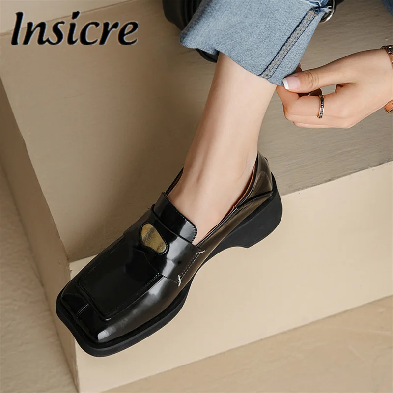 

Insicre New Arrival Pumps Women Top Quality Leather Spring Autumn Special Square Toe Thick Heels British Style Handmade Shoes