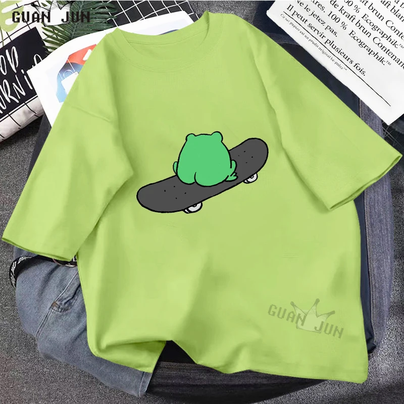 Skateboard Frog Dinosaur Cute Graphic Tee Women Tshirt Green Aesthetic Oversized T Shirt Harajuku Casual Summer Tops