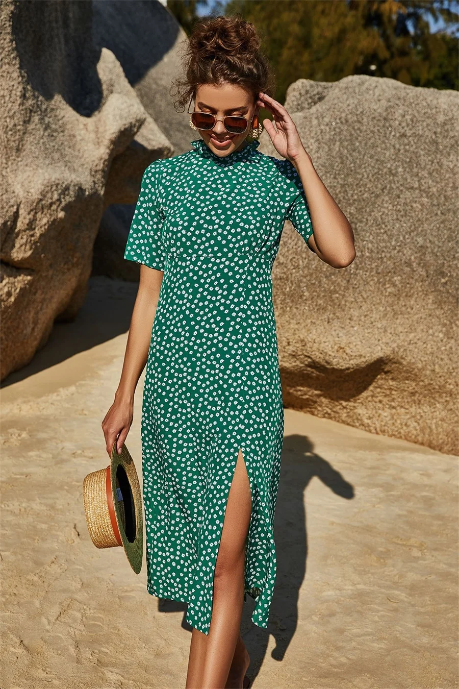 Elegant Women Summer Long Dress Ladies Casual Short Sleeve Green Flowers Print Beach Dresses Girls Sundress Vestidos