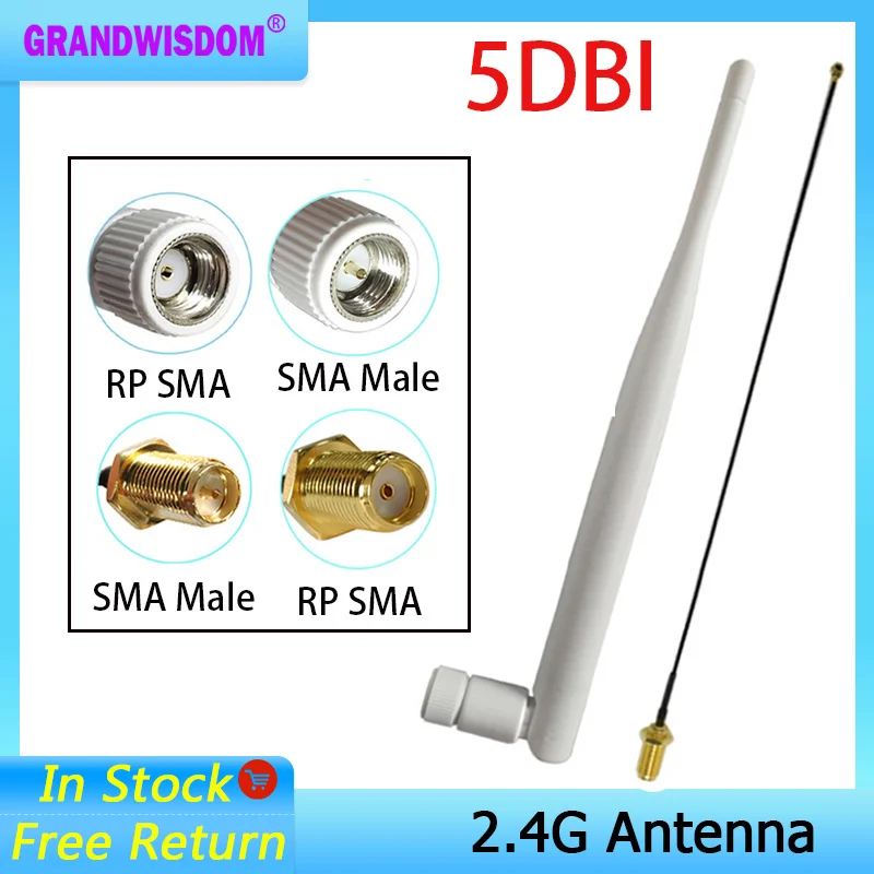 Antena de 2,4 Ghz Wifi 5dbi conector macho SMA antena blanca de 2,4 ghz antena enrutadora omnidireccional + Cable en espiral macho de RP-SMA de 21cm