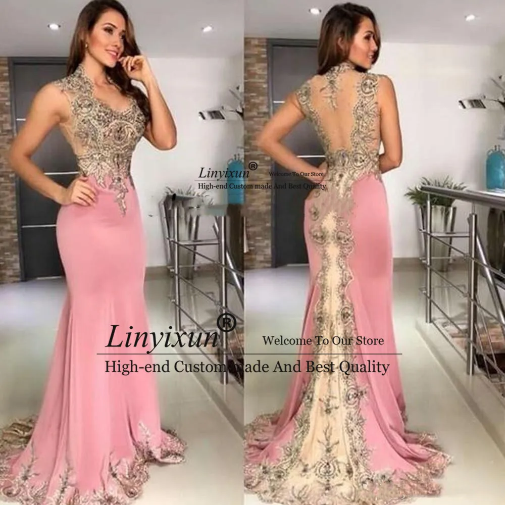 Sexy Cheap Pink Mermaid Prom Dresses V Neck Lace Appliques Crystal Beaded Formal Evening Gowns Sleeveless Sheer Back Party Dress