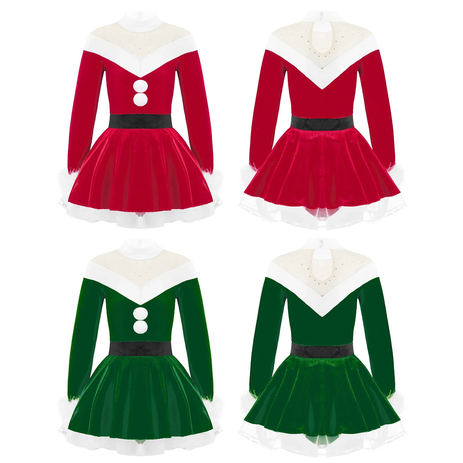 Robe de danse tutu en velours à manches longues pour enfants, costume de père Noël pour filles, tenues de patinage sur glace, habillage de fête de Noël, figure de Noël