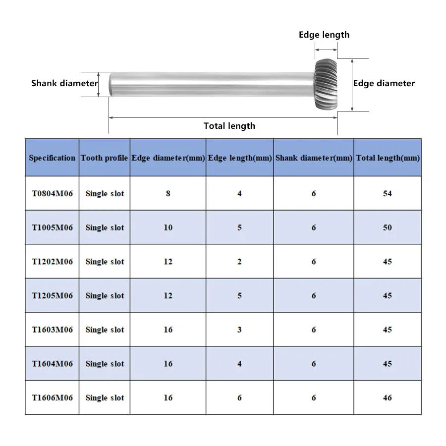 T Type 6mm Circular Disc Shape Tungsten Steel Metal Arc Flat Head Grinding Head Milling Cutter Carbide Rotary File Carving Tools