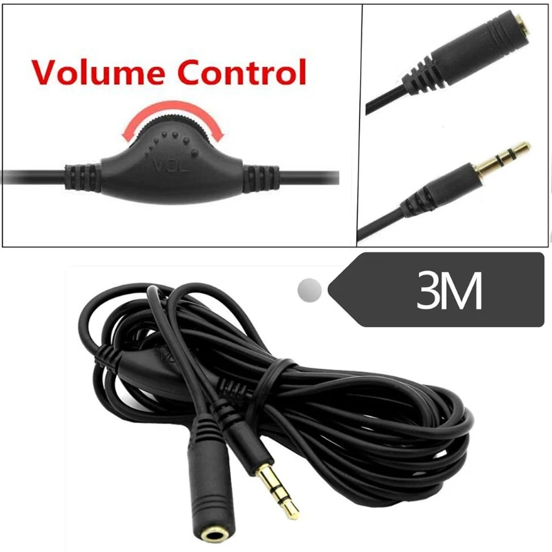 300cm 3.5mm M/F Splitter Stereo Headphone -Audio Extension Cord Cable With Volume switch Volume Control Newest