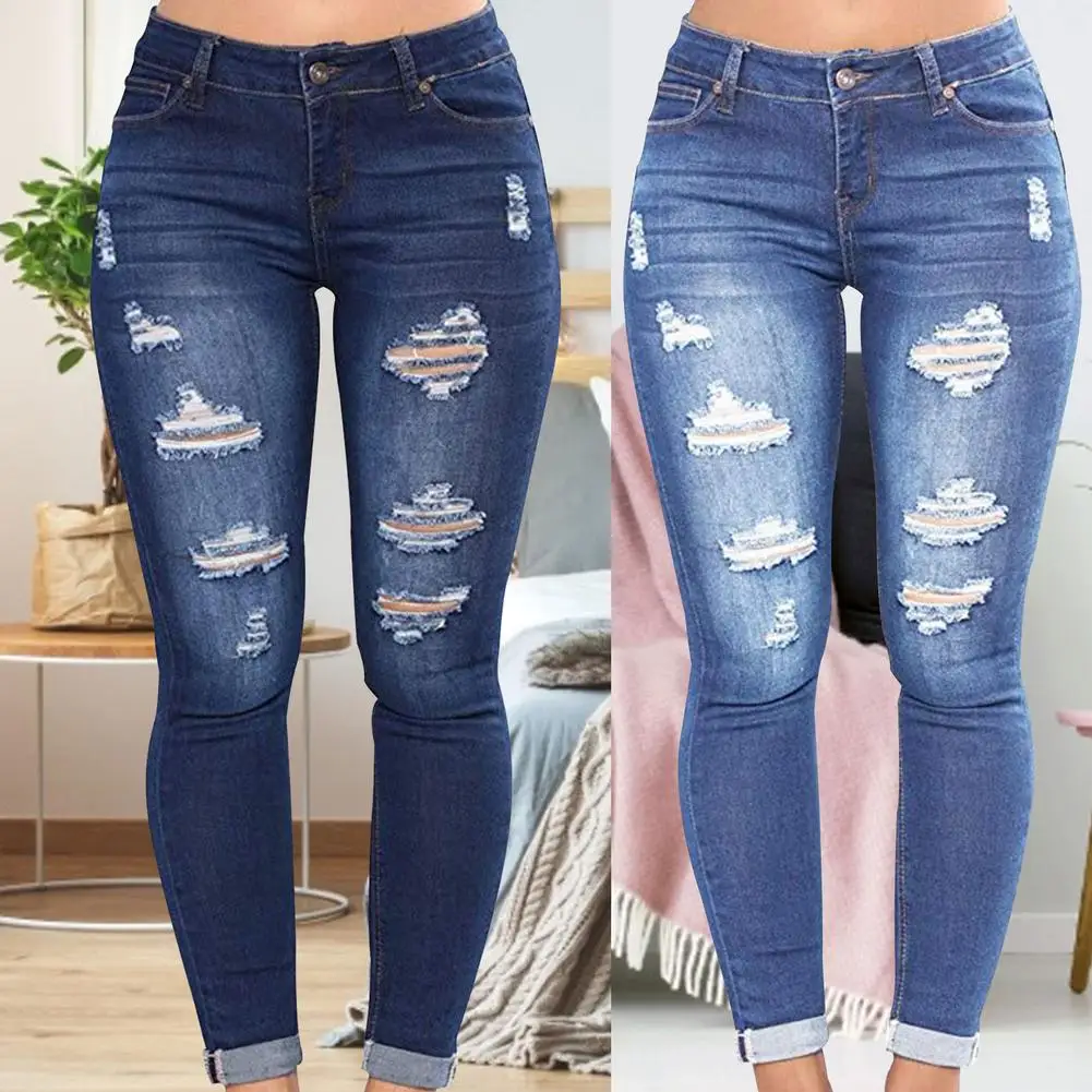 

Korean Style High Waist Trousers Skinny Denim Women Jeans Blue Washed Ripped Jeans Hollow Bleached Pencil Stretch Denim Pants