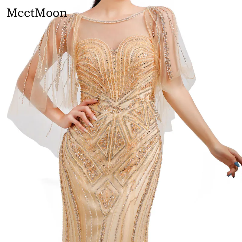 MeetMoon – Robe De soirée De forme sirène, luxueuse tenue De soirée De standing, dorée, perlée, célébrité, spectacle De dubaï, châle