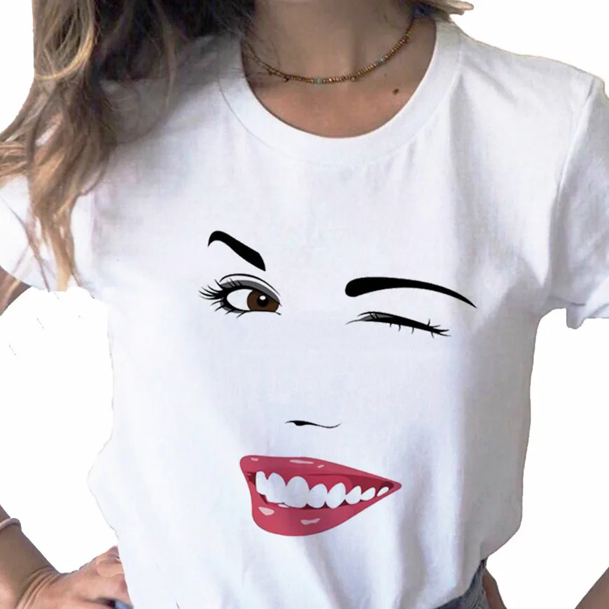 Pretty And Cute Lashes And Eyes print ladies T-shirt casual basics O-collar white shirt short sleeve ladies T-shirt,Drop Ship