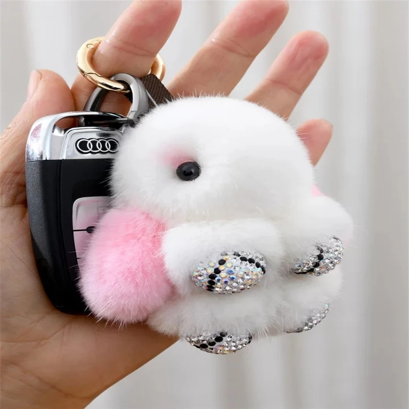 

Cute Girls Fluffy Mink Fur Mini Rabbit Keychain Crystal Pompon Bunny Key Chain On Bag Women Car Trinket Jewelry Girlfriend Gift