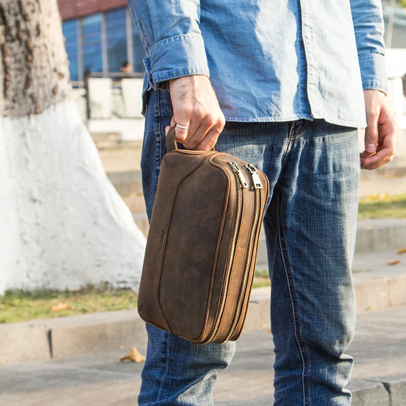 Imagem -02 - Contato-bolsa Cosmética de Couro Genuíno Masculina Grande Capacidade Bolsa de Maquiagem Organizador de Viagem Bolsalas Vintage Armazenamento Luxo