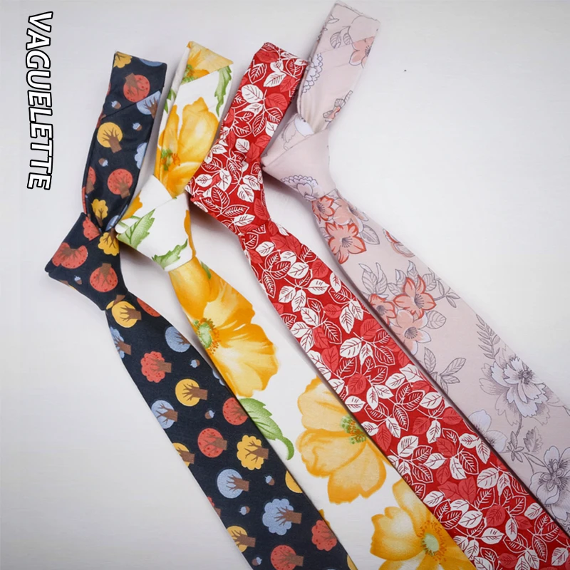 

VAGUELETTE Cute Neck Tie For Men Women Slim Tie Floral Pattern Printed 7CM Cotton Ties For Women Lady Party Wear