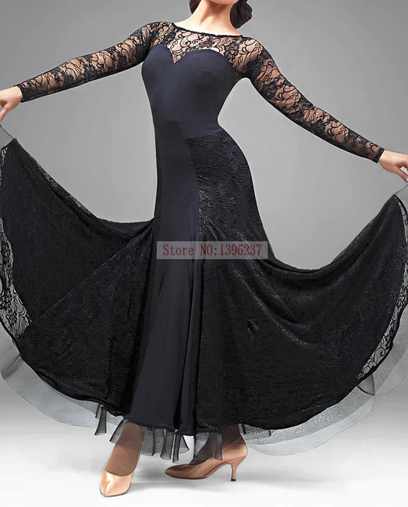 Flamenco ชุดผู้หญิง Backless สเปน Waltz บอลรูมเต้นรําชุดแขนยาวสีดํา Ballroom Dance Dress