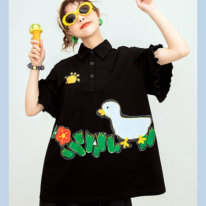 Women Harajuku Short Sleeve Cute Ruffles Shirt Loose Top Women T-shirt Clothing Duck Garden Cartoon Print T Shirts NS516