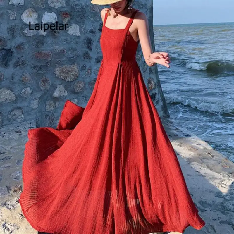 2021 Women Spring Summer Sundress Beach Holiday Backless Loose Lace Up Hollow Out Sexy Vintage Long Dress