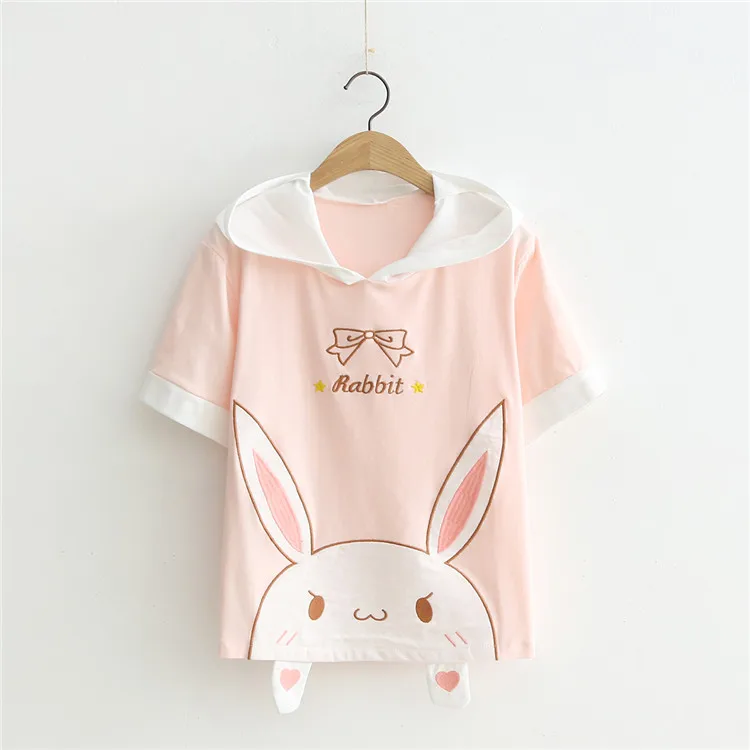 Zomer Kawaii T Shirt Vrouwen Harajuku Schattige Konijn Lange Oren Hooded T-shirt Tiener Meisjes Korte Mouwen Cartoon Borduren Tee Top