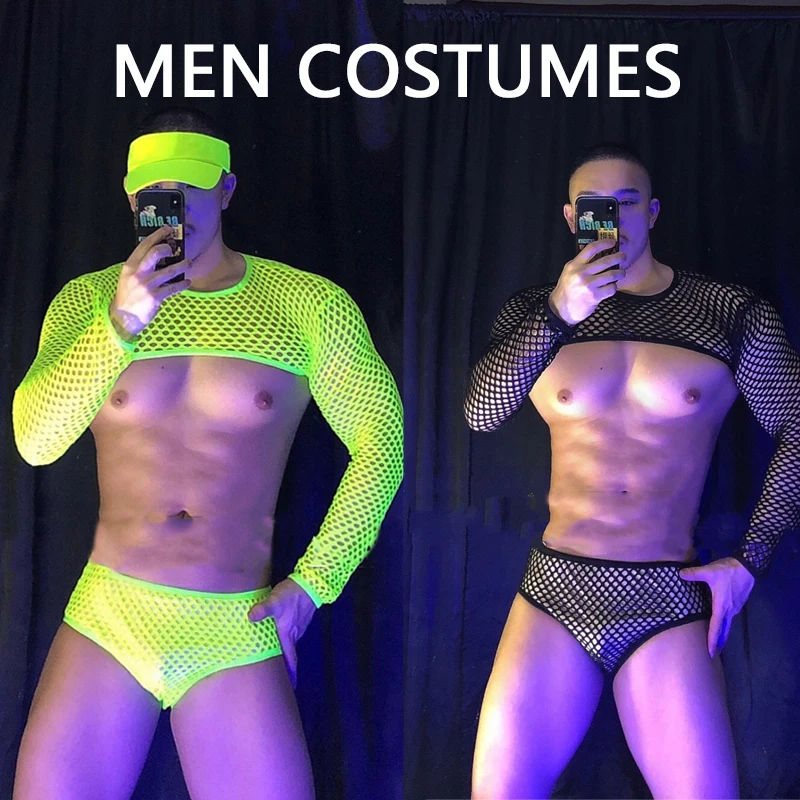 Muscle Man Gogo Costume Sexy Pole Dance Clothing Men Fluorescent Mesh Top Briefs Nightclub Ds Dj Stage Solo Rave Outfit XS2132