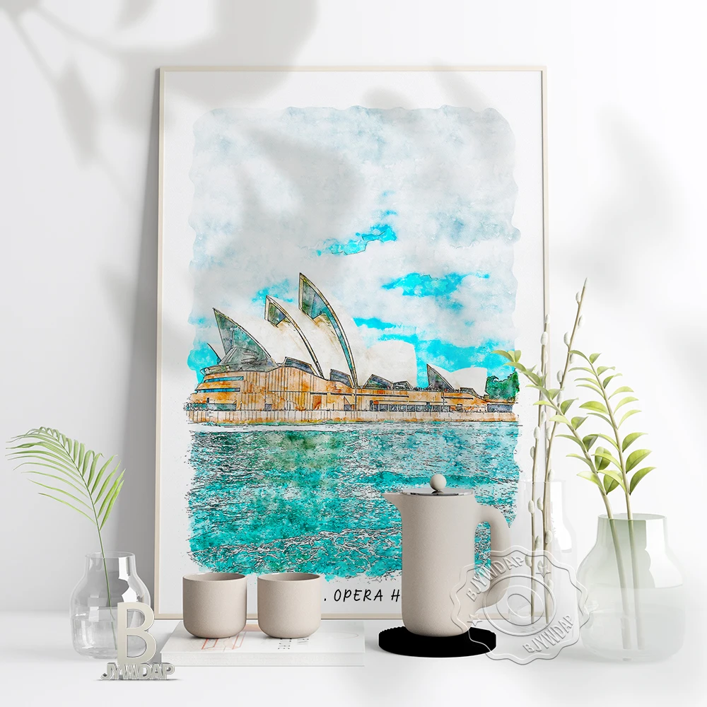 Watercolor City Sydney Opera House Poster, Sydney Beautiful Scenery Art Print, Opera House World Travel Wall Stickers Home Decor