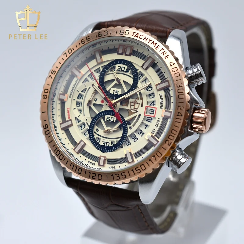 

Best Selling Peter Lee Brand Luxury Men Quartz Leather Chronograph Watch Auto Date Vintage Wristwatches Gifts For Father