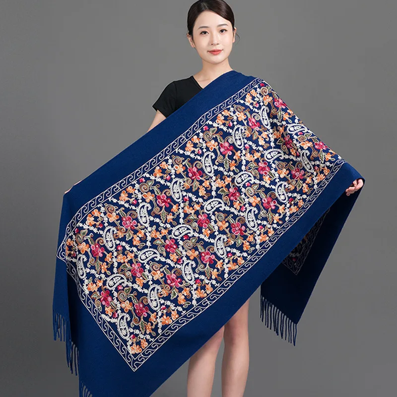 New Women Elegant Embroider Flower Fringed Shawl Long Soft Cashmere Pashmina Scarves All-match Travel Thick Blanket Wraps Scarf