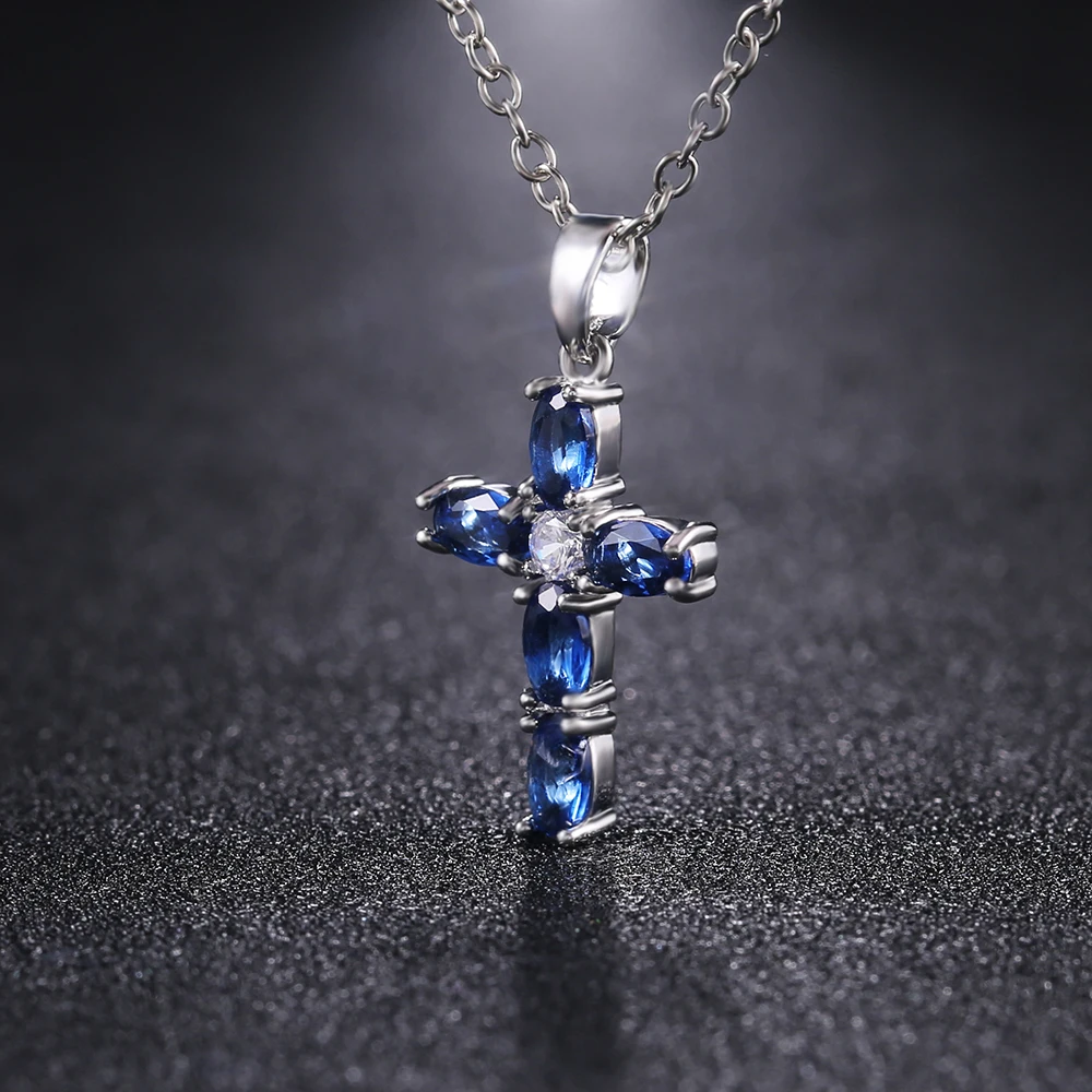 Huitan Fashion Oval Blue Stone Cross Pendant Delicate Women Necklace Daily Wear Anniversary Christmas Gift High Quality Jewelry
