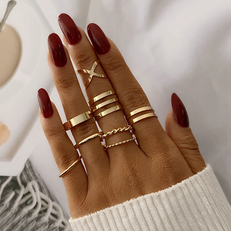 VKME 8Pcs/Set Vintage Gold Color Thick Chain Open Rings Set For Women Geometric Fashion Simple Bohemian Twist Ring TrendyJewelry