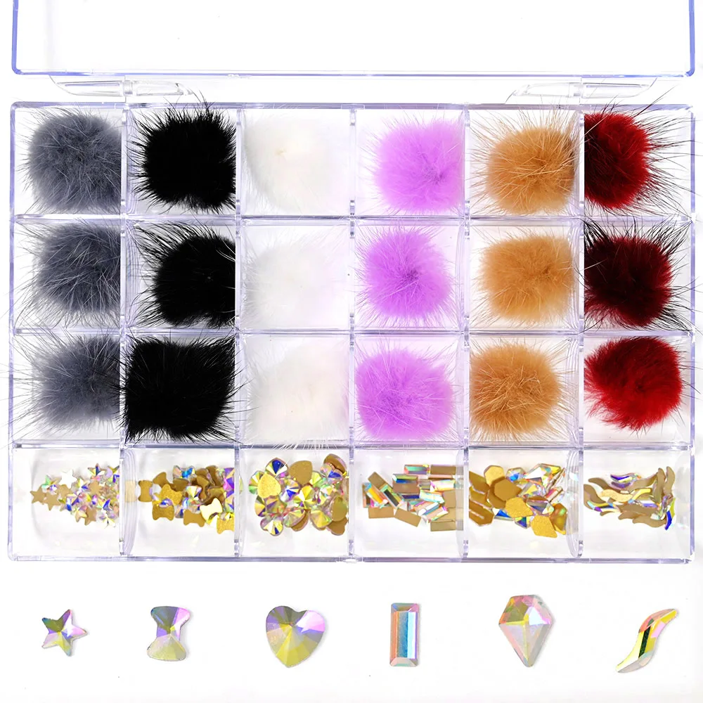 

1 Box Nail Pompoms(18pcs) Colorful Fluffy Fur Balls 27*27mm 150pcs 6 Shapes AB Crystal Rhinestones Set Nail Art Decorations K#24