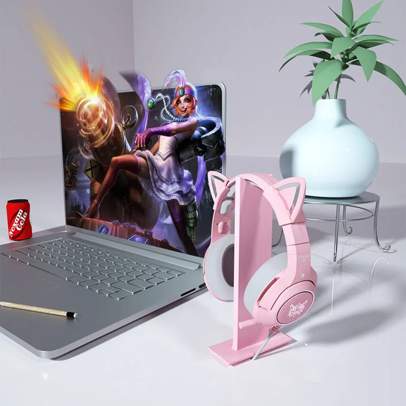 ONIKUMA แมวสีชมพูหูฟังไร้สาย Stand Rack Gaming ชุดหูฟังสนับสนุน Gamer หมวกกันน็อกผู้ถือหูฟังบลูทูธชั้นวางของ