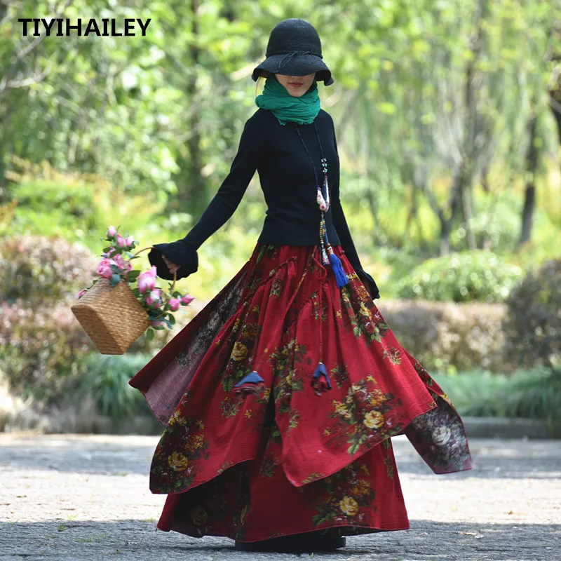 TIYIHAILEY Vintage Long Maxi A-line Elastic Waist Women Winter Corduroy Skirts Chinese Style S-2XL Irregular Thick Ladies