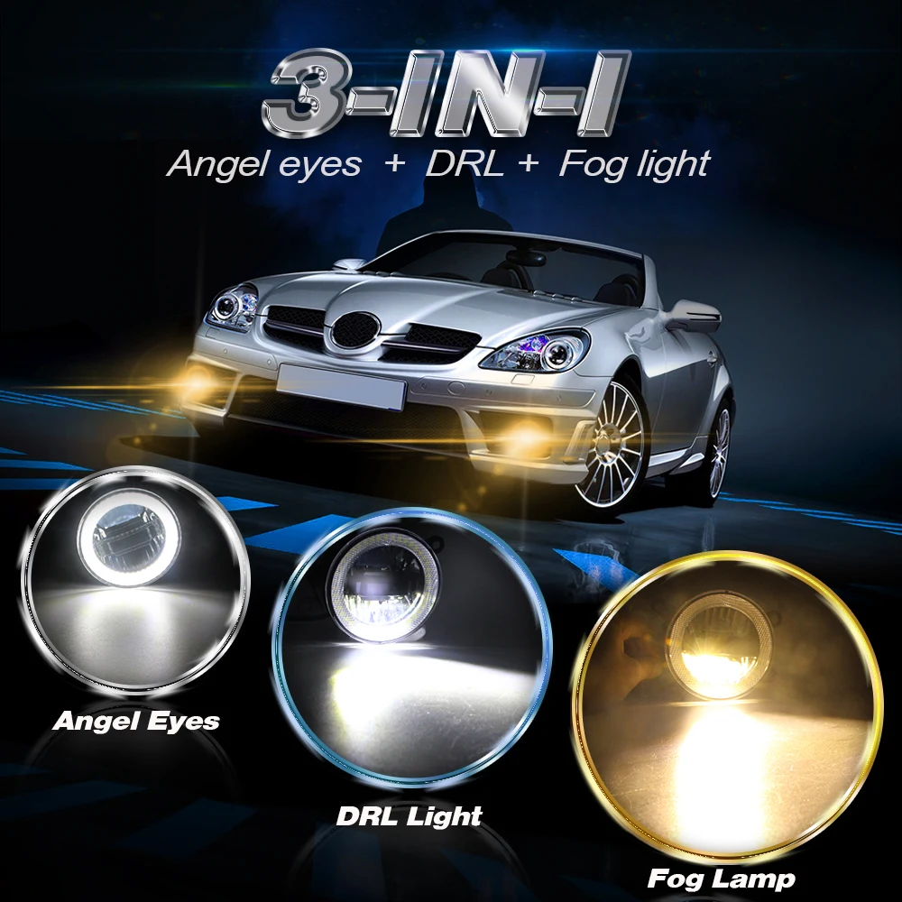 3-IN-1 Function Auto Fog Light Angel Eye Daytime Light Car LED Projector Fog Lamp DRL 90mm 12V For Fiat 500 Punto Panda Sedici