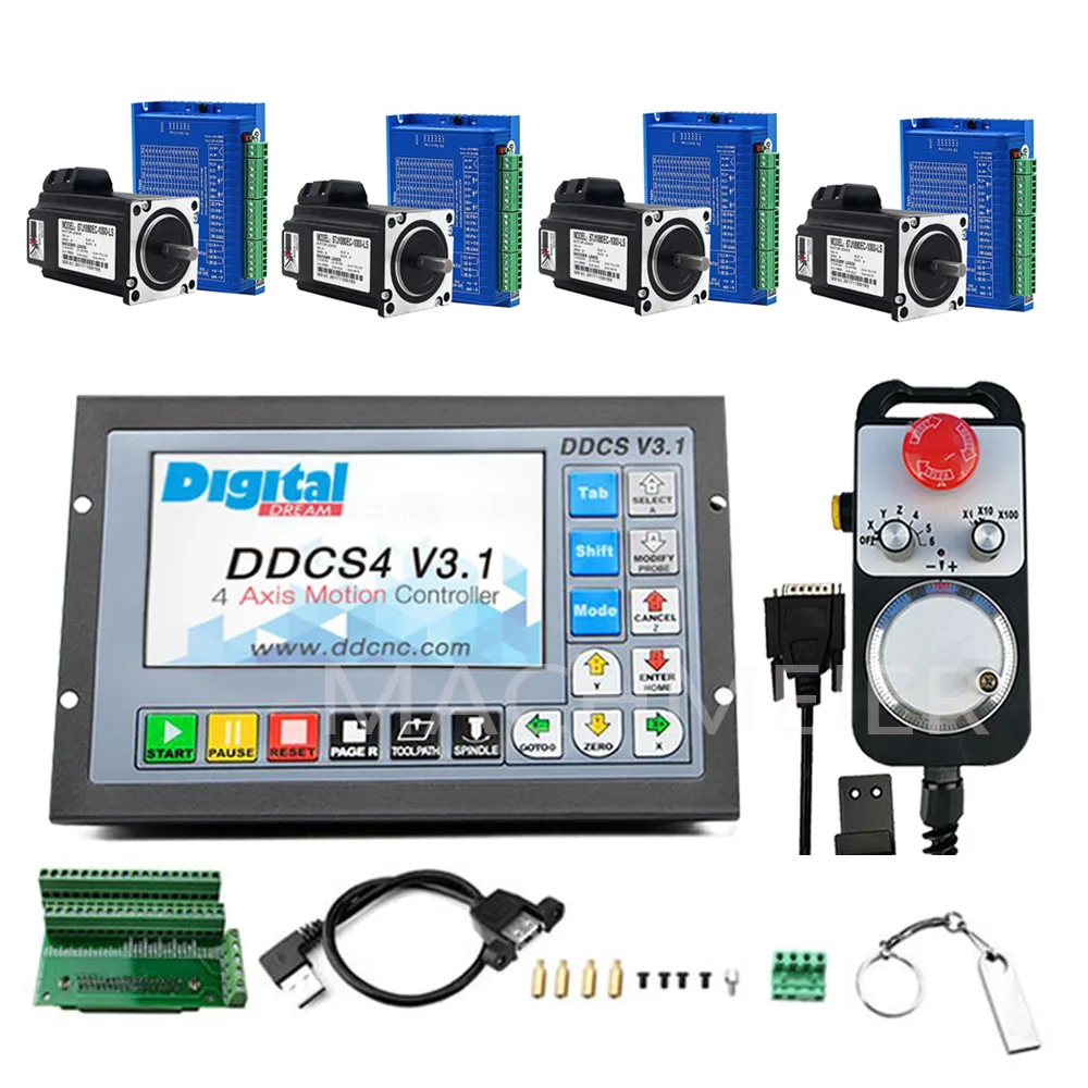 3axis/4axis CNC controller ddcsv3.1 2N.M stepping servo motor driver 2HSS57+ 57J1880EC-1000 4-axis emergency stop handwheel