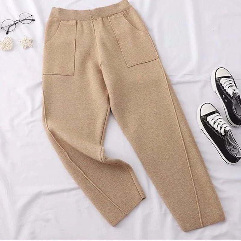 Women\'s Thicken Knit Pants Casual High Waist Warm Knitwear Jogging Trousers Winter Solid Chic Loose Harem Ankle-length Sweatpant