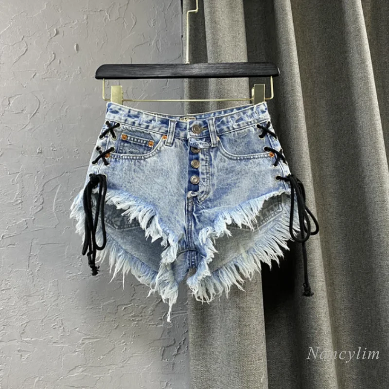 Low Waist Shorts Women 2021 New High Waist Single Breasted Washed Worn Cross Strap Side Ripped Denim Short Sexy Hot Pants