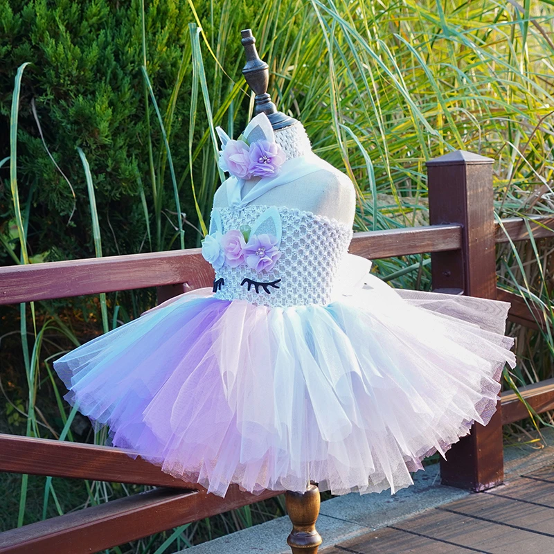 Girls Pastel Unicorn Flower Tutu Dress Baby Crochet Fluffy Tulle Tutus with Headband Kids Birthday Party Costume Cosplay Dresses