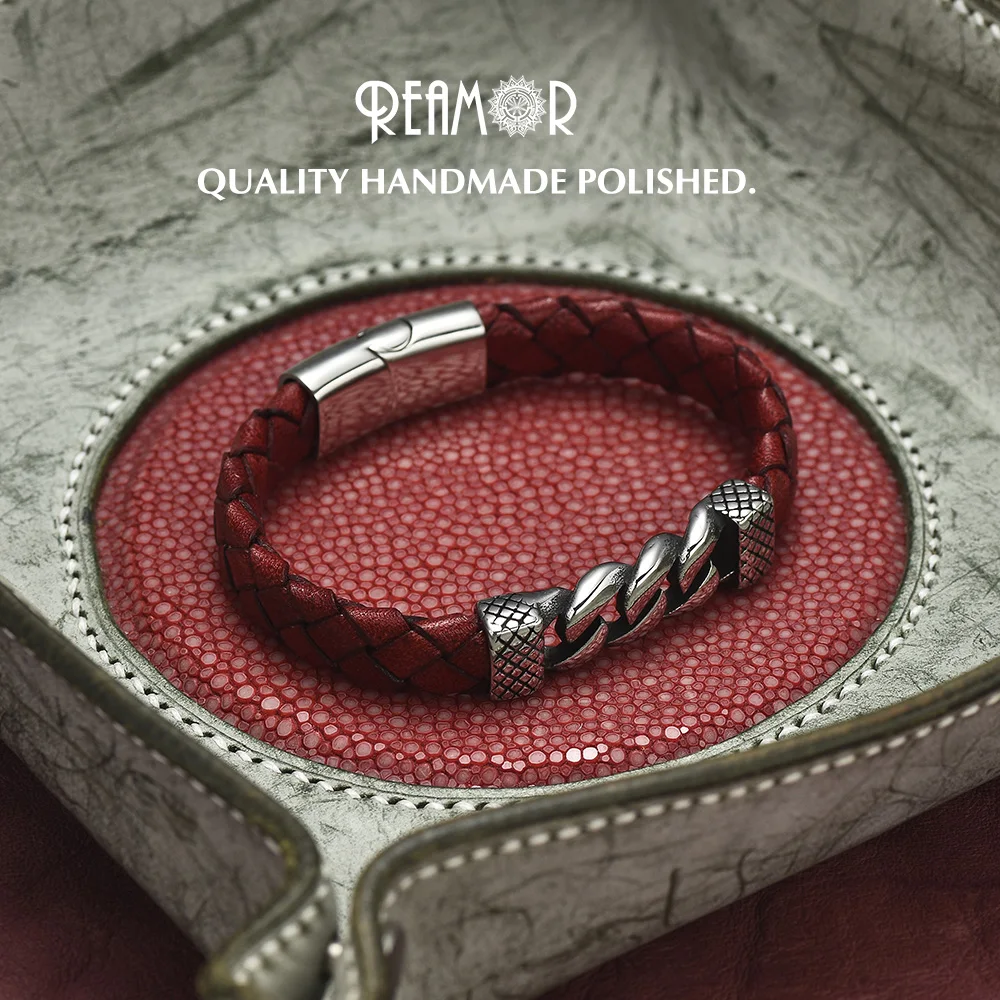 REAMOR Classic Stainless Steel Bracelets & Bangles Men's Fashion Red Genuine Leather Bracelet Wristbands Gift Male Jewelry