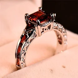 Fashion Women Princess Cut Garnet Red Ruby Wedding Ring Party Jewelry Gifts Size 6 7 8 9 10