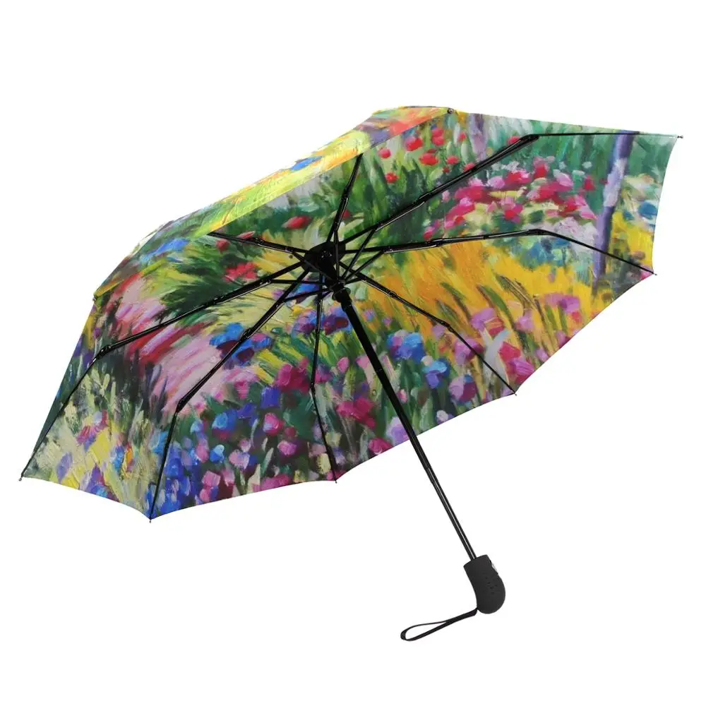 Famous Claude Monet Oil Painting Umbrella Three Folding Umbrella Rain Women Fully Automatic Umbrella Sun Protection Parasol