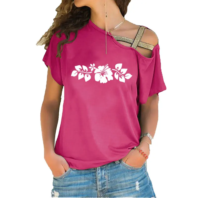 Dazzling Blooming Hibiscus Flower With Green Print Woment shirt New Summer Cotton Short sleeve Woman Irregular Skew Cross Tops