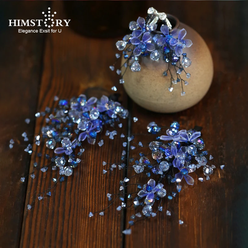 HIMSTORY Handmade Dream Fairy Blue Crystal Flower Hairpins Girls Wedding Party Graduation/ Hairwear Accessories Jewelries